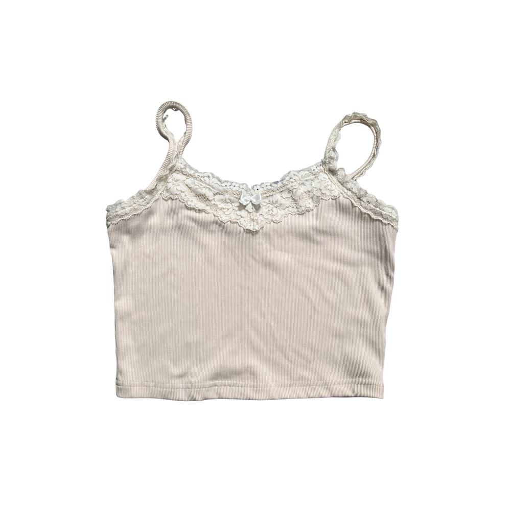 Romwe Beige Ribbed Lace Trim Camisole Top Bow tie Medium Cropped Cami coquette